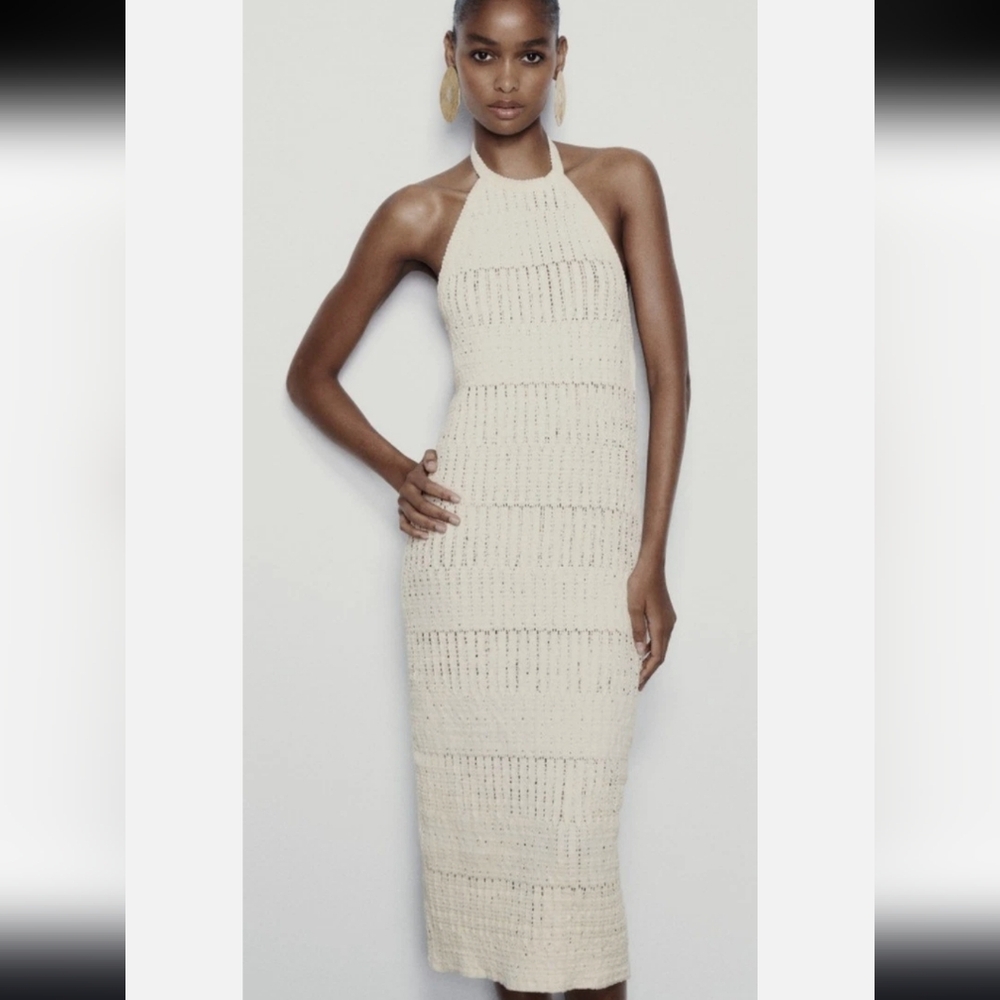 Zara Knit Fitted Halter Midi Dress Cream